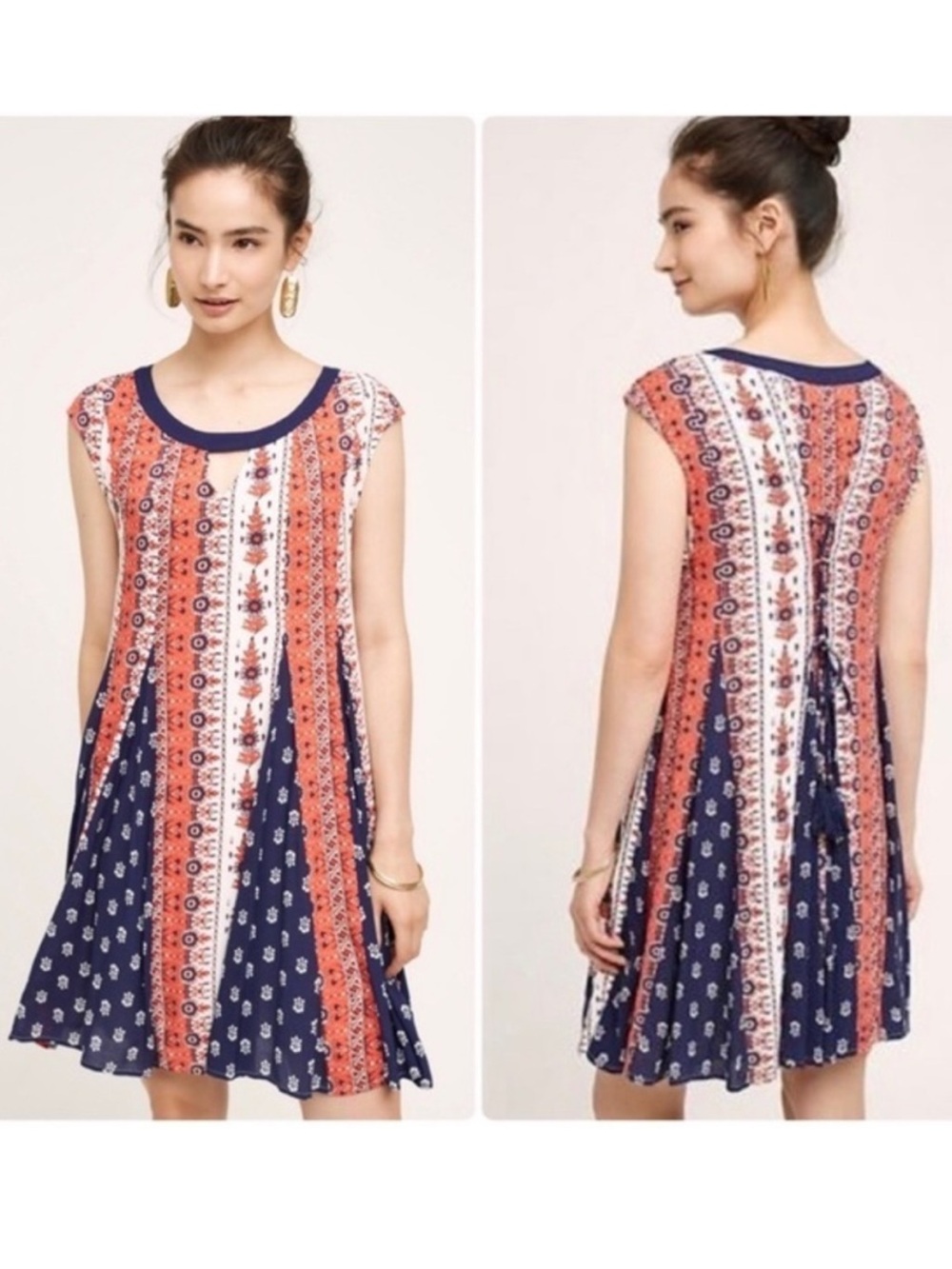 Anthropologie Maeve Candace Swing Pleated Mini Dress Front Keyhole Size Small